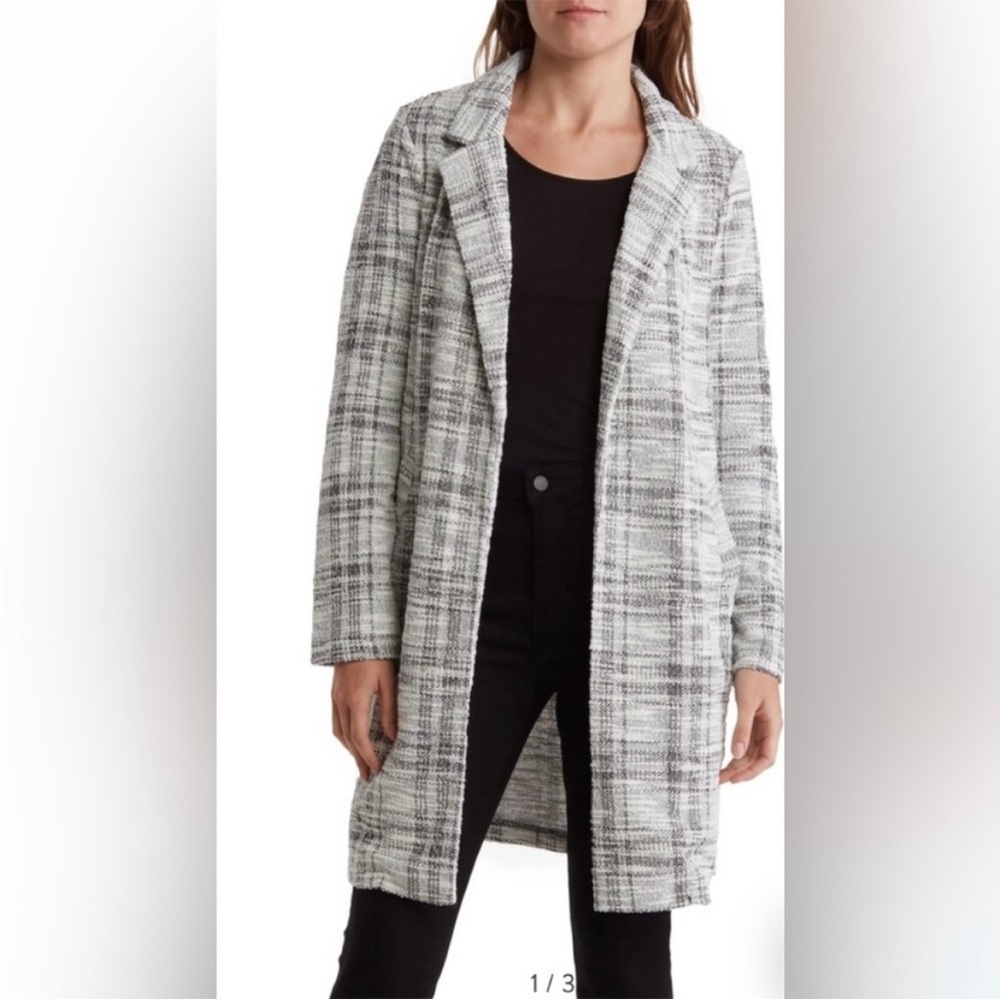 Melloday Black White Plaid Open Long Topper Jacket